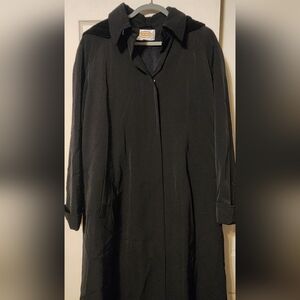 Talbots Long Black Trench Coat Removeable Hood Button Front Pockets Sz 16 P